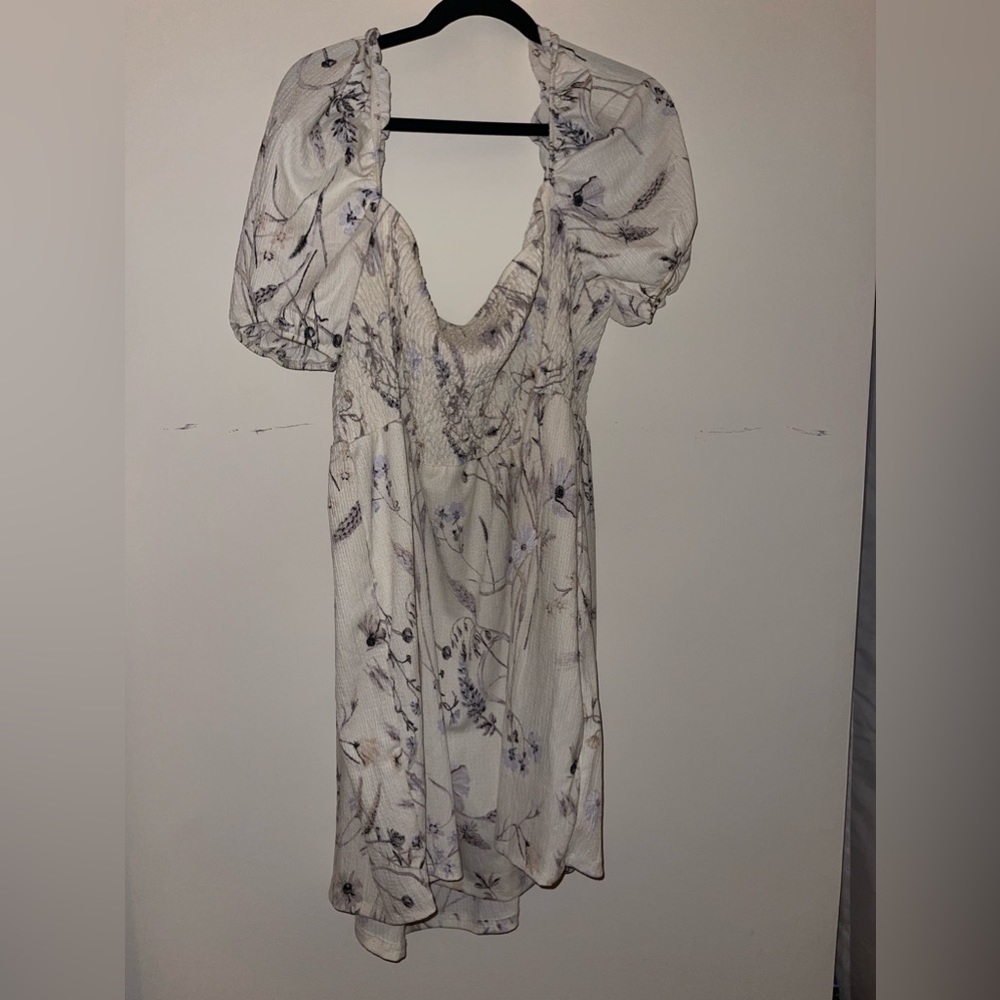 White and purple floral off the shoulder mini dress